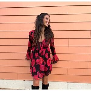 URBAN OUTFITTERS Black Pink Floral Long Sleeve Kiki Tie Front Mini Dress Size XS